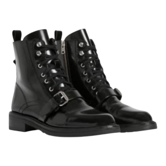All Saints Shoes - All Saints Donita Black Leather Croc Embossed Combat Moto Biker Boots Women’s 40